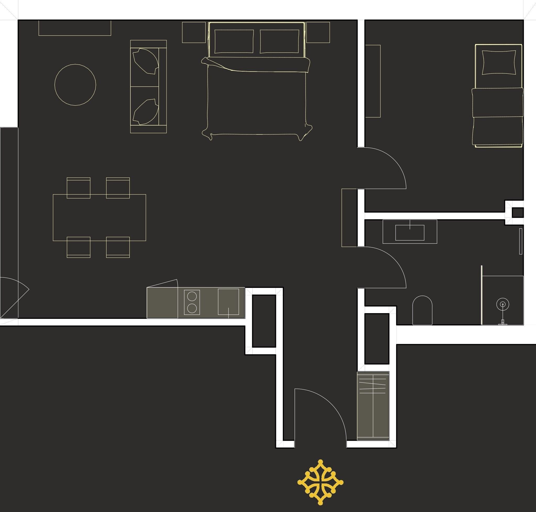 Et hotel med planløsning, der inkluderer et køkken, spiseområde og flere værelser.