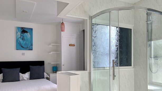Un dormitorio moderno con una cama, ducha con cerramiento de vidrio y un cuadro en la pared.