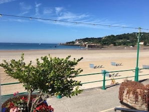 Una playa con cielo despejado, una cerca verde y algunas plantas en macetas.