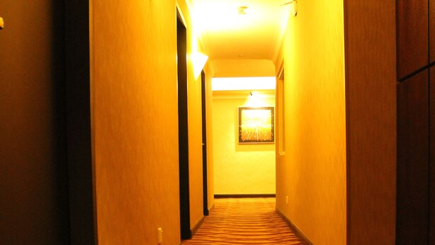 A hotel hallway with carpeted floors and walls, leading to a room with a door at the end. - Clover Hotel (Masai)
