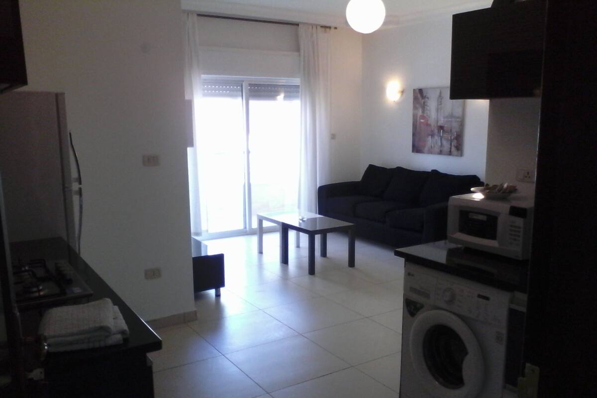 A compact living space with a kitchenette, a sofa, a dining table, and a washing machine.