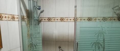 Et badeværelse med glasvæg omkring bruseren, toilet og håndvask.