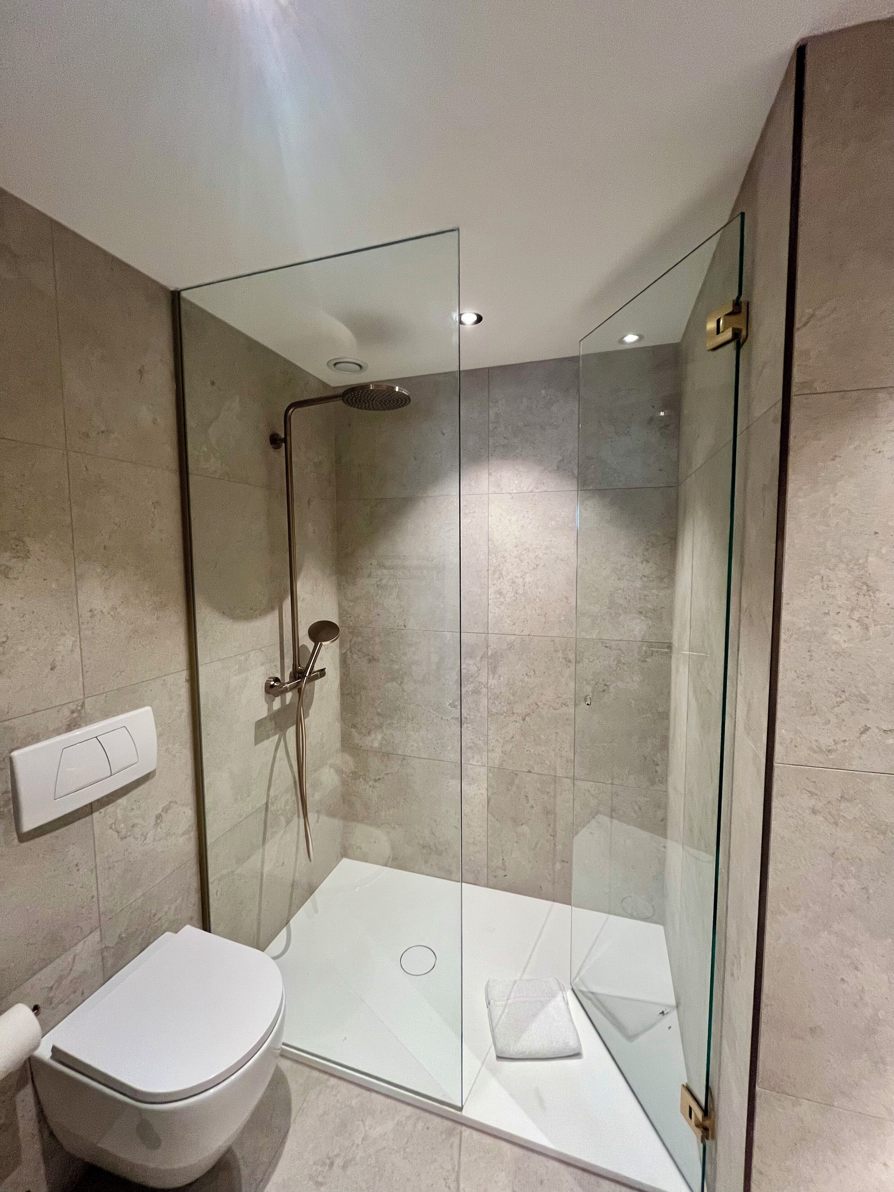 A modern bathroom with a glass-enclosed shower, a toilet, and a towel rack.