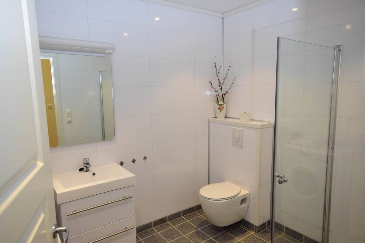 Un bagno moderno con lavandino bianco, un water e un box doccia in vetro.