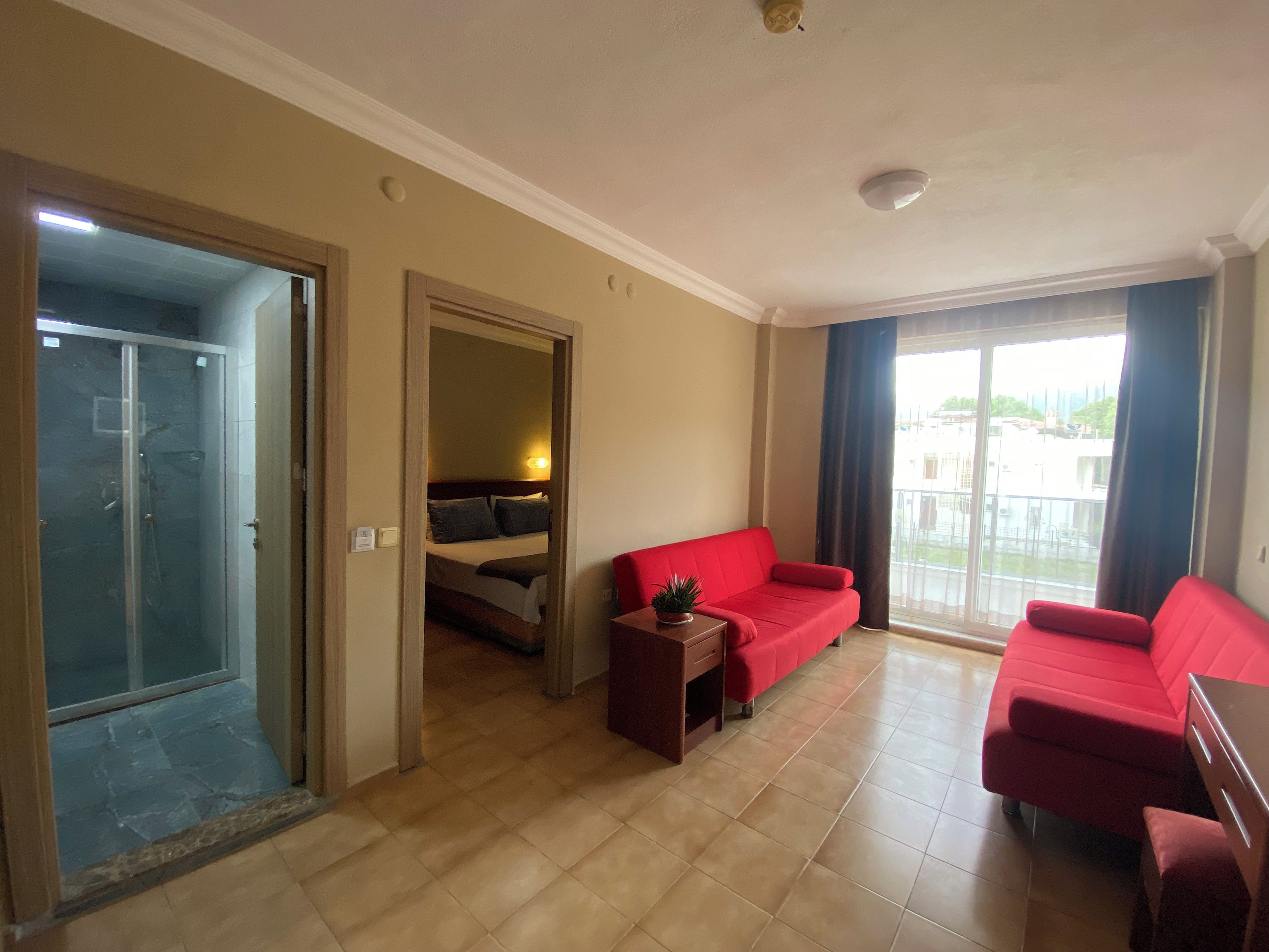 A hotel room with a glass shower enclosure, a red sofa, a small table with a plant, and a bed with a headboard.