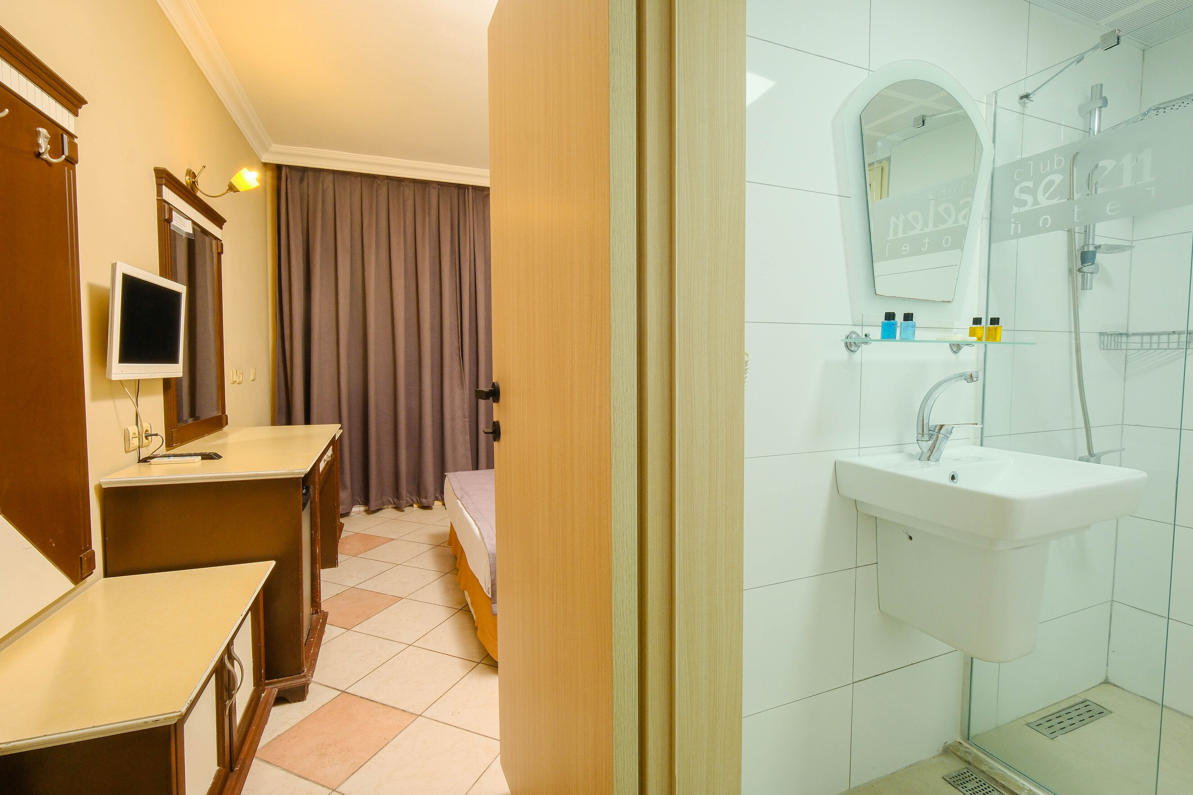 Habitación de hotel con cama, escritorio, televisión, baño con lavamanos, espejo y ducha.