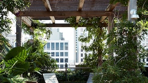 Un jardín en la azotea con pérgola de madera, zona de estar y plantas en macetas.