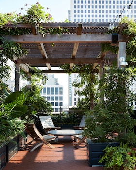 A rooftop pool area with lounge chairs, a bar, and a view of the cityscape. at The Barnett - JDV by Hyatt