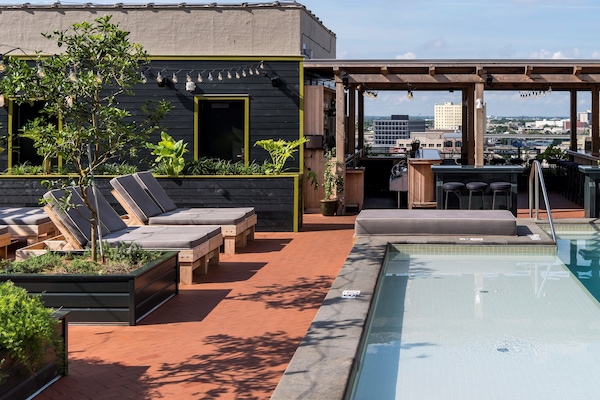 Outdoor pool, open 11:00 AM to 7:00 PM, sun loungers