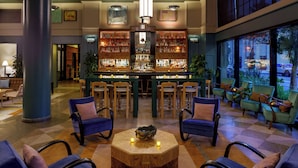 Zona de bar con diversas opciones de asiento, incluyendo taburetes y sillas, y una mesa central de madera con un cuenco decorativo.
