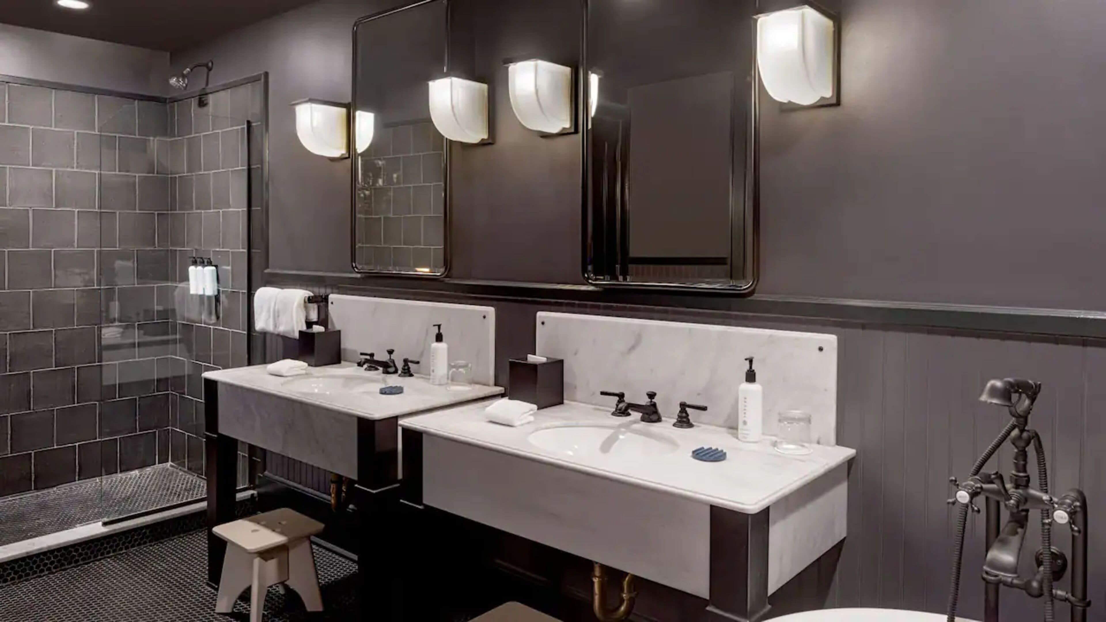 combined shower/bathtub, free toiletries, hair dryer, bathrobes