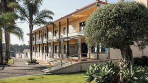 A multi-story building with a balcony, palm trees, and a well-maintained lawn.