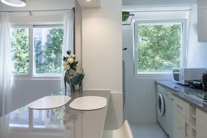 Deluxe appartement, 1 slaapkamer | Privékeuken | Een koelkast/vriezer, een magnetron, een kookplaat