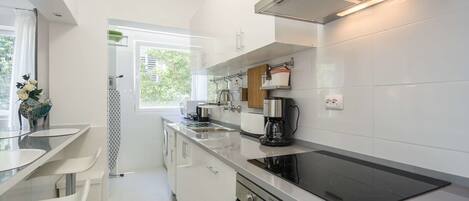 Deluxe Apartment, 1 Bedroom | Private kitchen | Full-size fridge, microwave, stovetop, coffee/tea maker