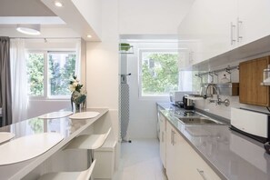 Deluxe appartement, 1 slaapkamer | Privékeuken | Een koelkast/vriezer, een magnetron, een kookplaat