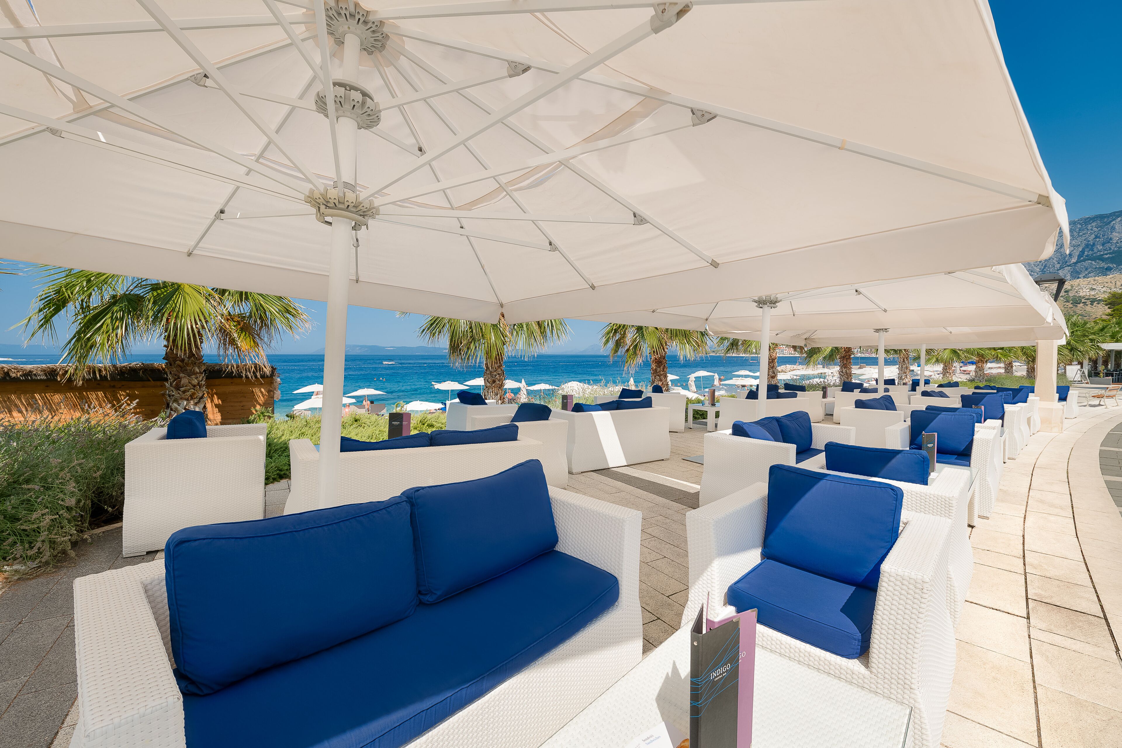 Un espace extérieur aménagé avec des meubles en osier blanc et des coussins bleus, situé en bord de mer et offrant une vue sur l’océan.