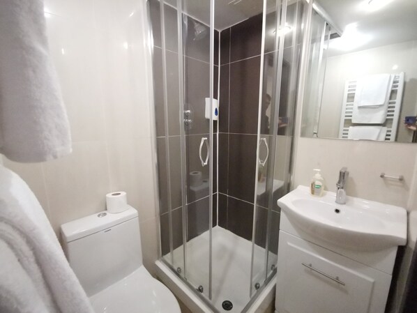 A modern bathroom with a glass-enclosed shower, a white sink, and a toilet. - The Royale Chulan Hyde Park (London)