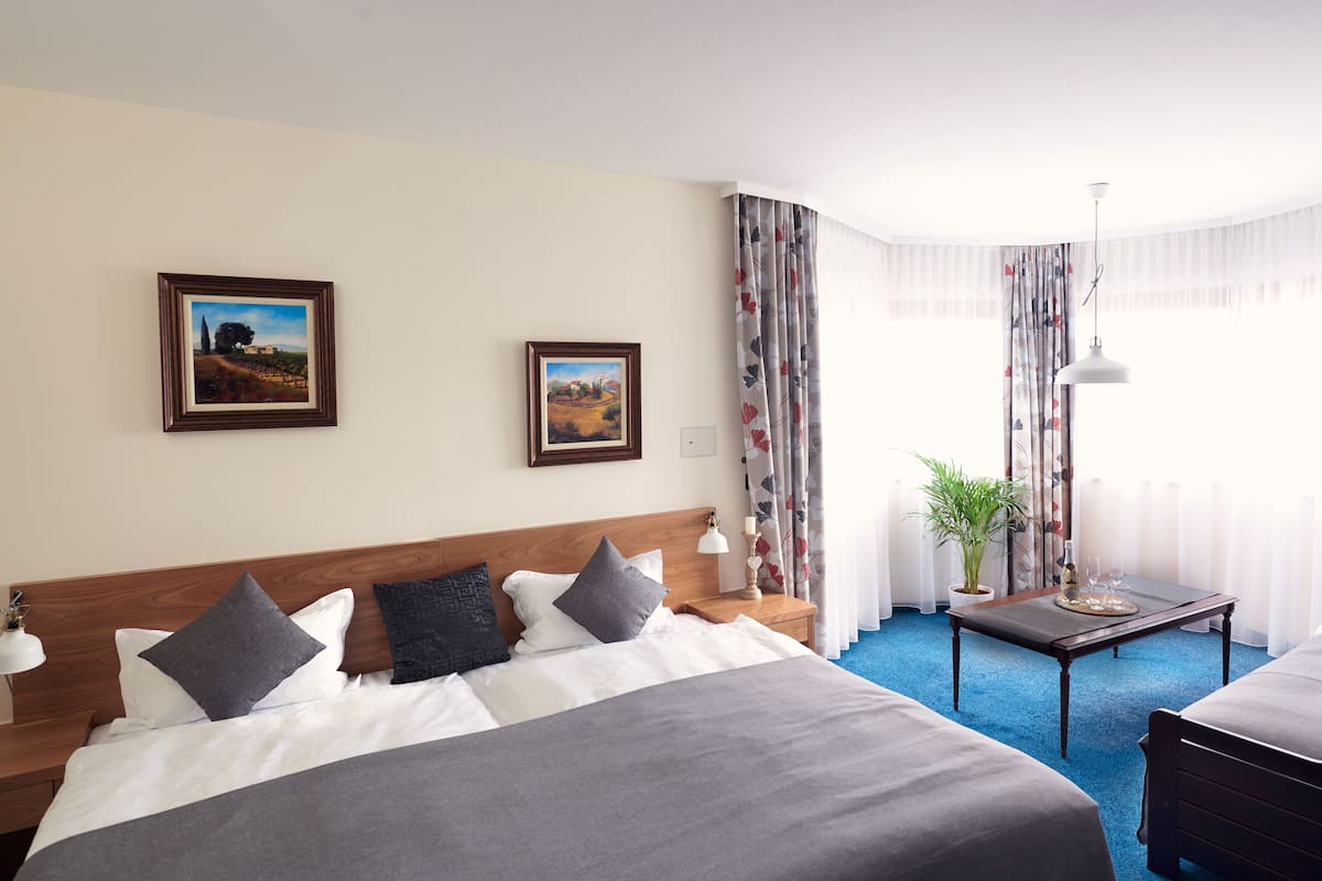 A hotel room with a large bed, a small table, a potted plant, and two framed pictures on the wall.