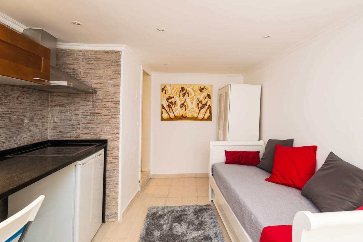 Un espacio habitable compacto con kitchenette, un sofá con cojines rojos y grises, y un cuadro en la pared.