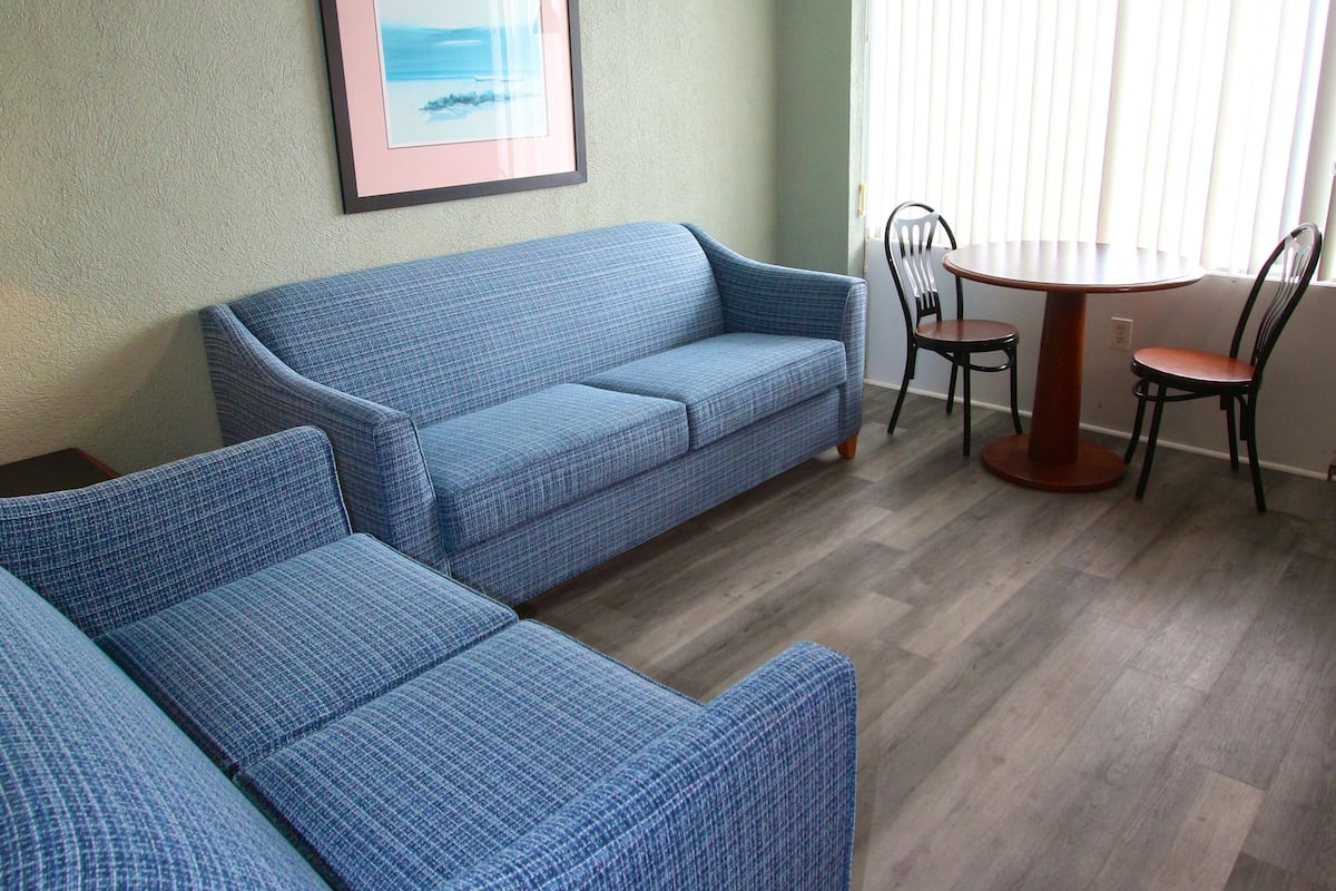 Ein Wohnzimmer mit einem blauen Sofa, einem Esstisch mit Stühlen und einem gerahmten Bild an der Wand.