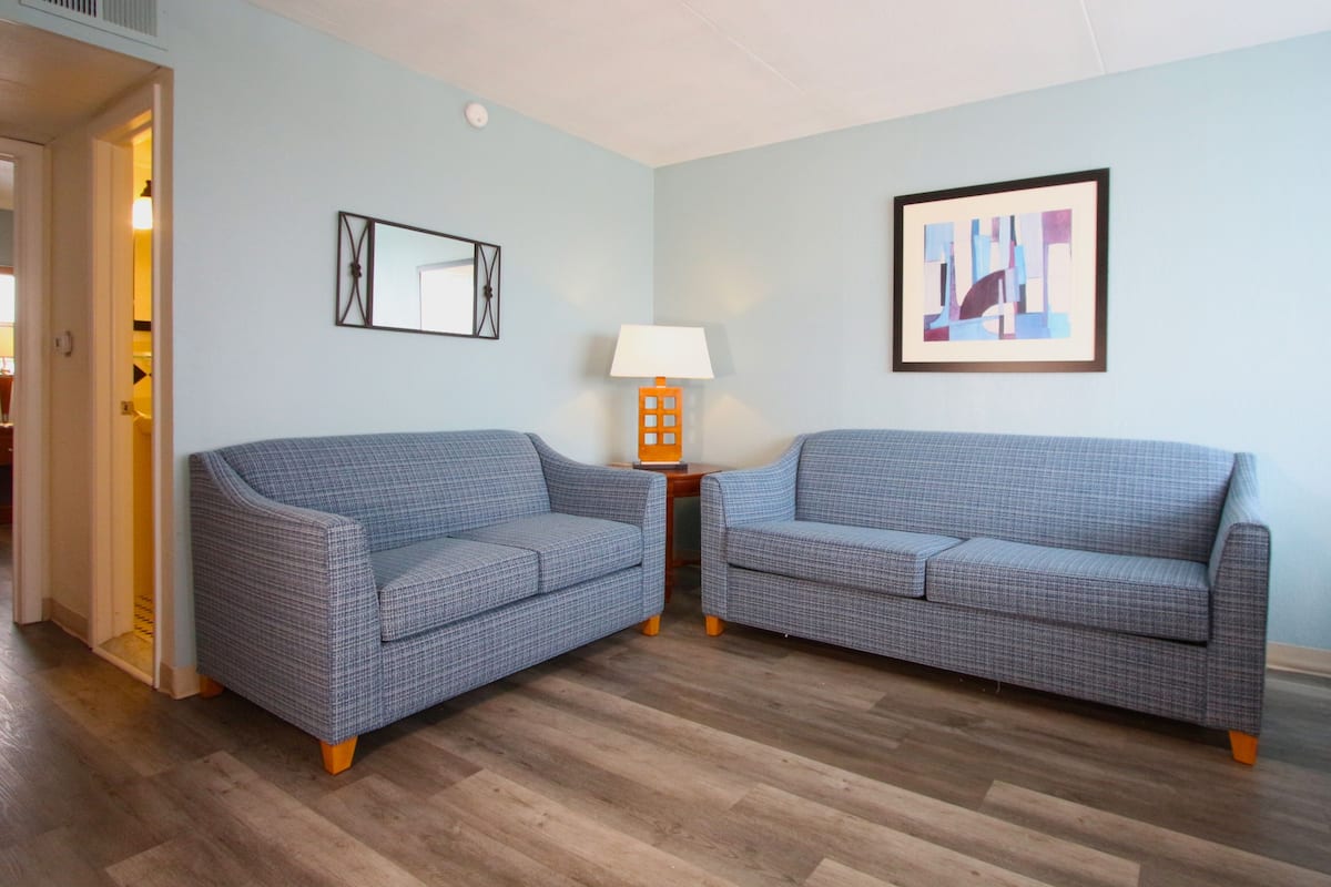 Ein Zimmer mit zwei blauen Sofas mit Muster, einem kleinen Tisch mit einer Lampe, einem gerahmten abstrakten Gemälde und einem Spiegel an der Wand.