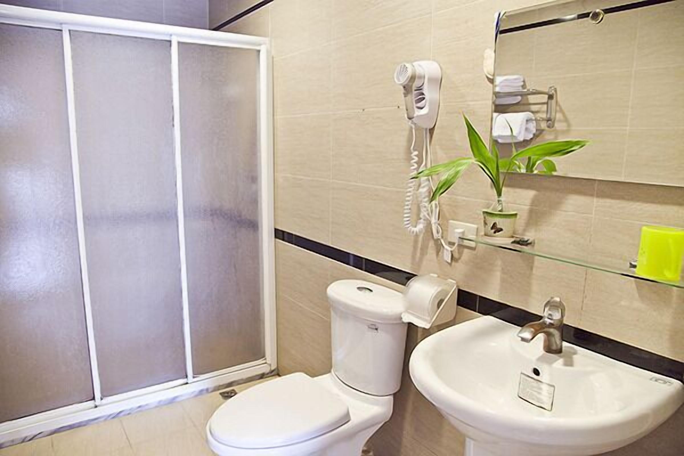 Un baño con inodoro, lavamanos, secador de pelo y espejo.