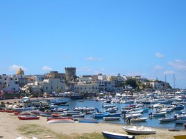 Un pueblo costero con un puerto deportivo lleno de barcos, edificios históricos y una torre destacada.