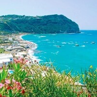 Vista costera con una línea de costa curva, edificios a lo largo de la playa y una colina al fondo.