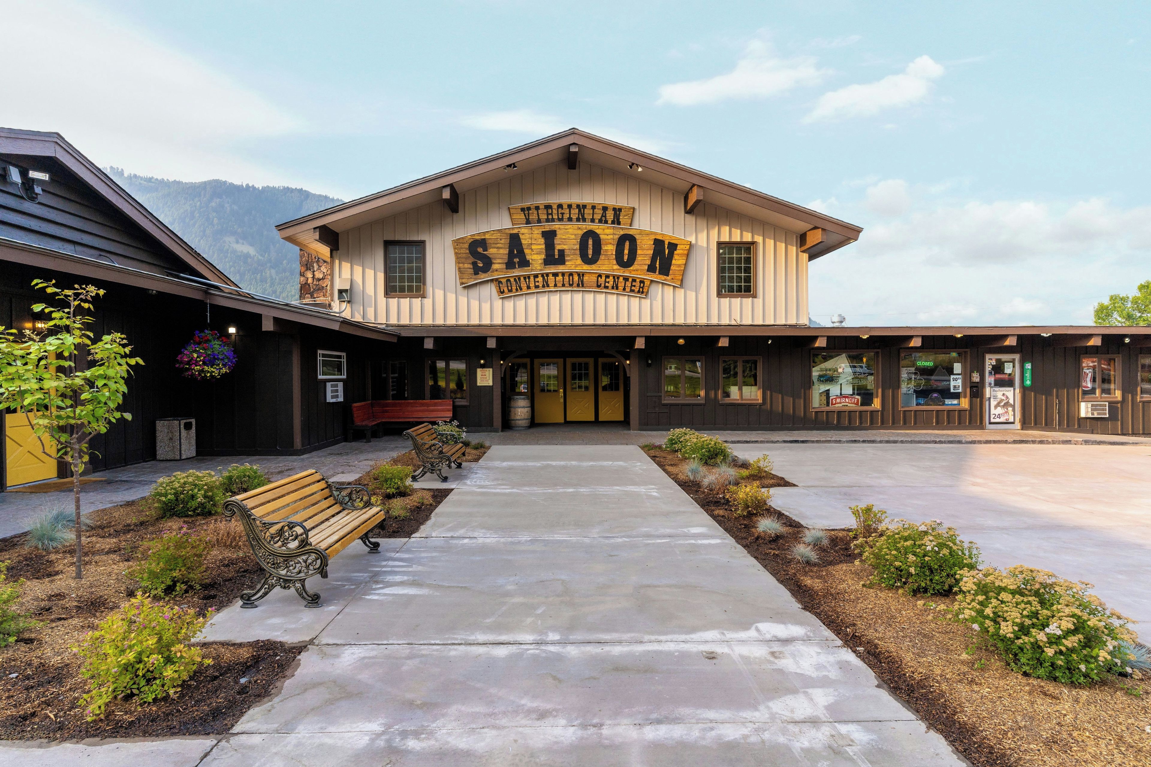 A building with a sign reading 'VIRGINIAN SALOON CONVENTION CENTER.'