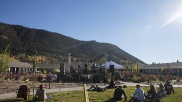 An outdoor event with a stage and audience in a park with a mountain backdrop.