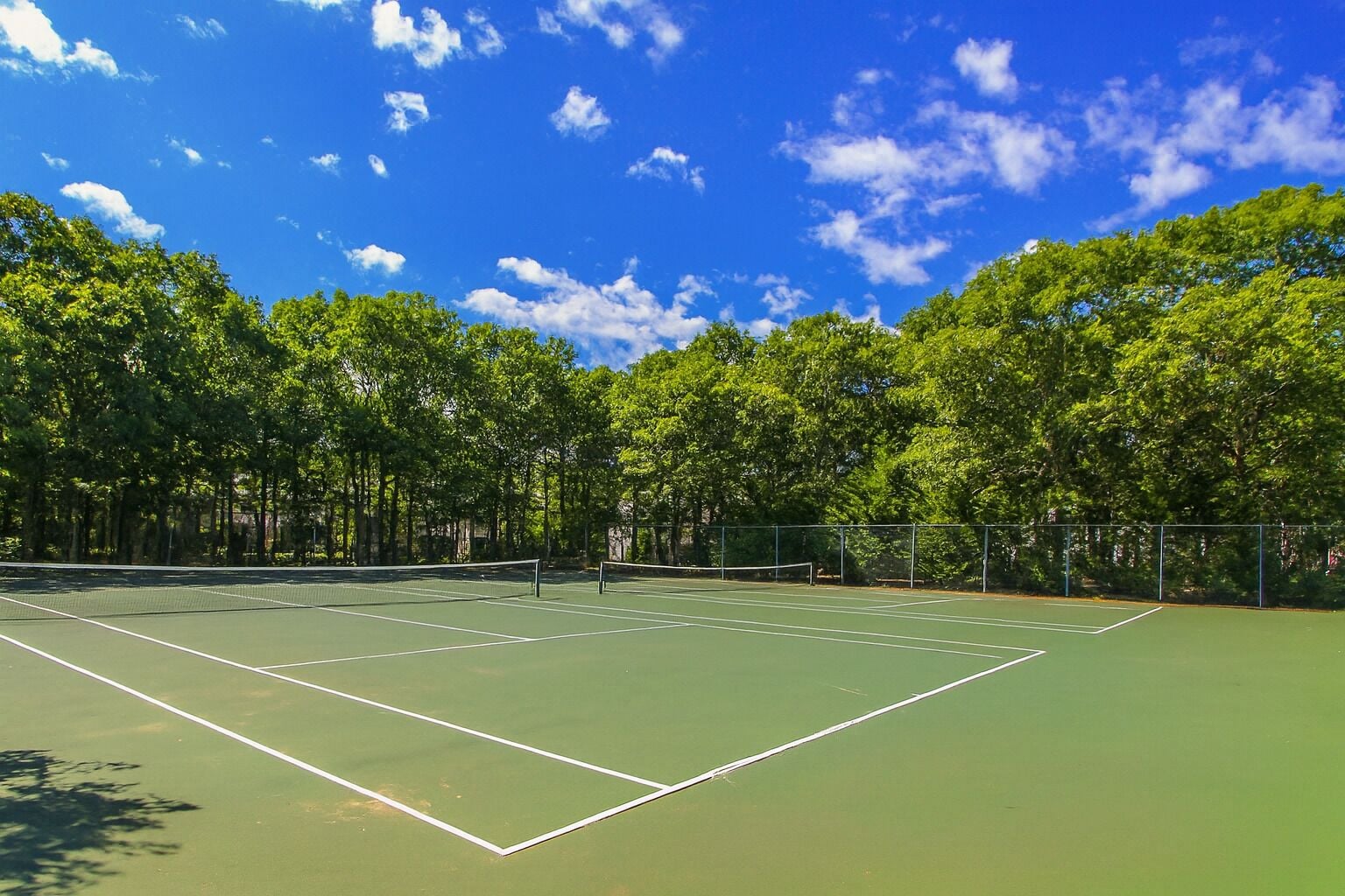 An outdoor tennis court surrounded by trees.