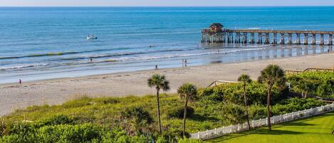 A beach with a pier, clear blue water, and lush greenery.