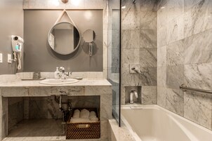 Shower, rainfall showerhead, eco-friendly toiletries, hair dryer