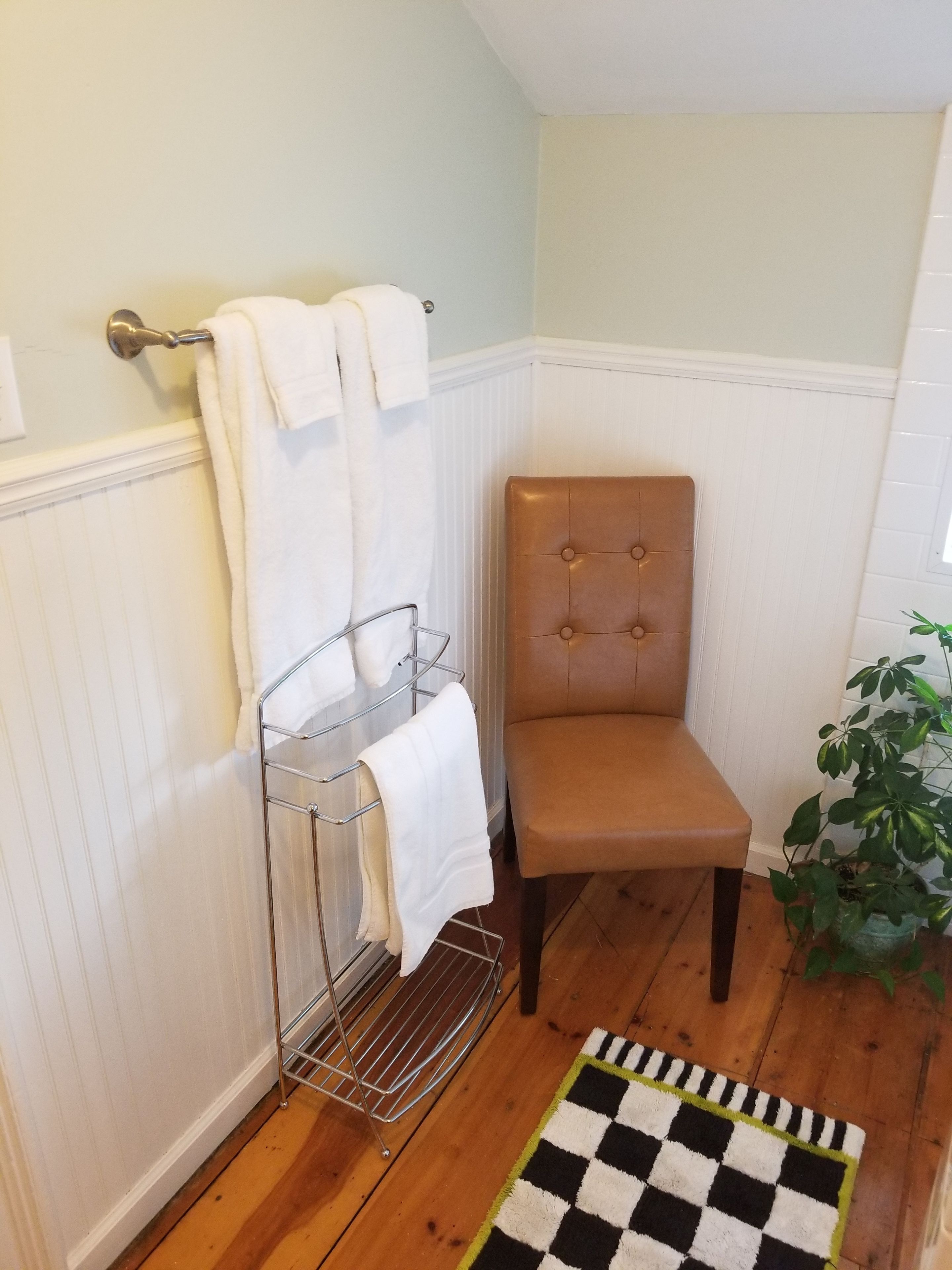 A bathroom with a wooden floor, a checkered rug, a chair, a towel rack, and a potted plant.