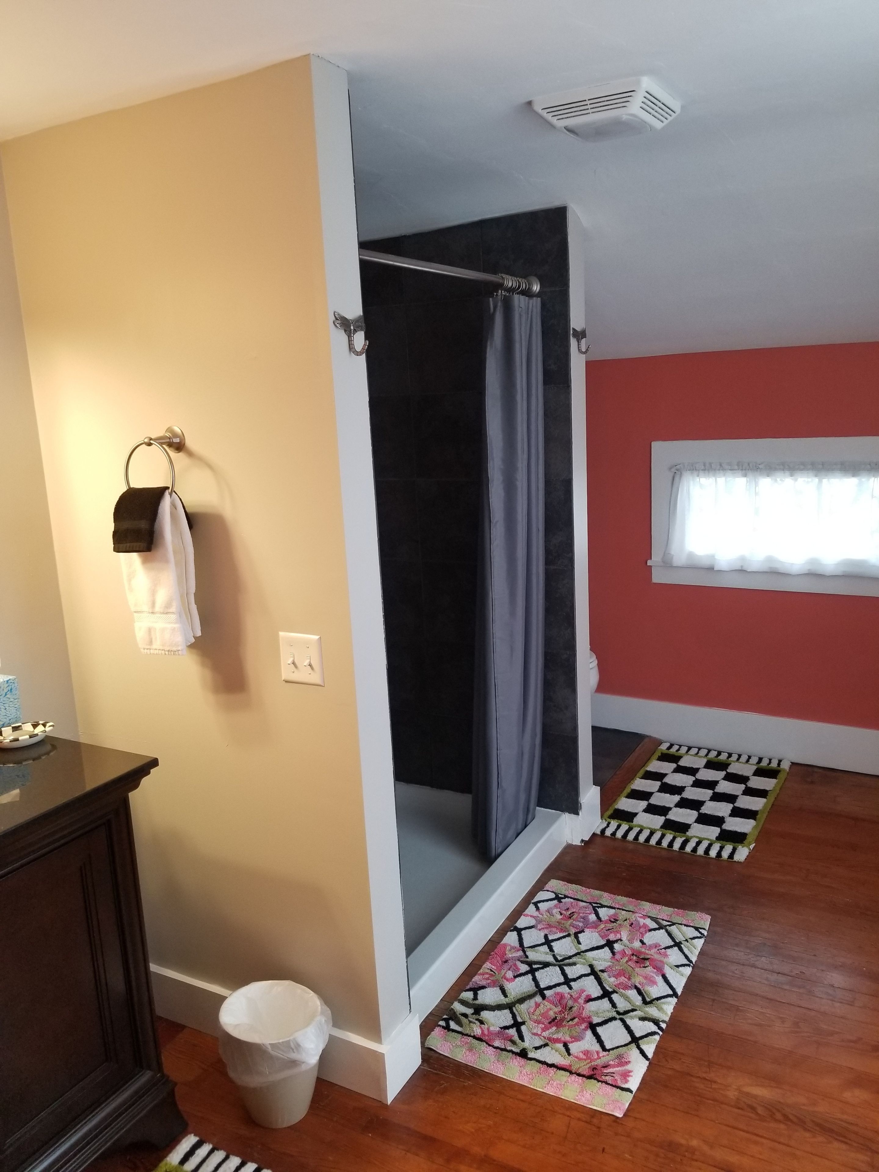 A bathroom with a shower, a towel rack, a waste bin, and a patterned rug.