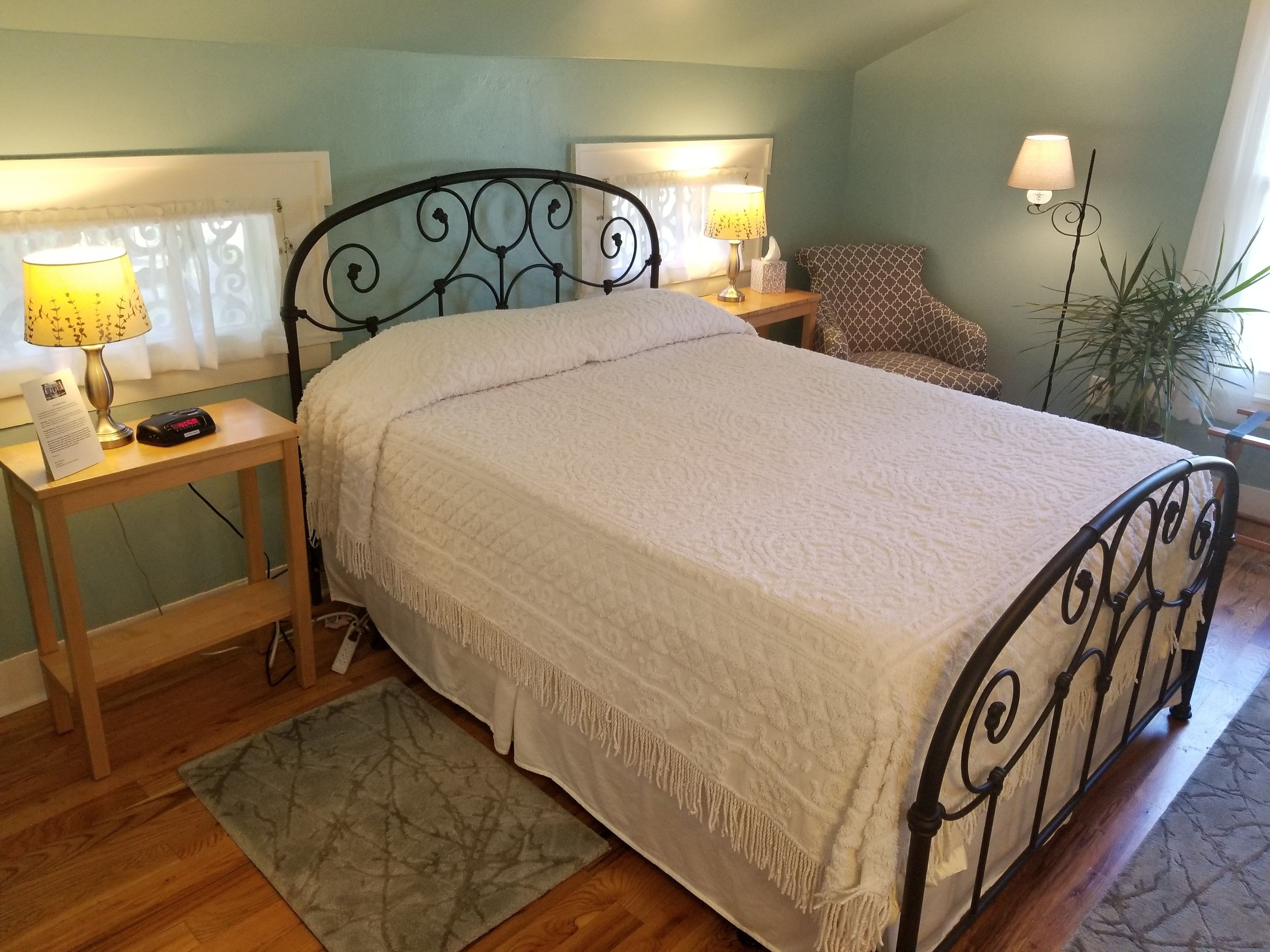 A neatly made bed with a white blanket, two bedside tables with lamps, a small rug, and a potted plant.