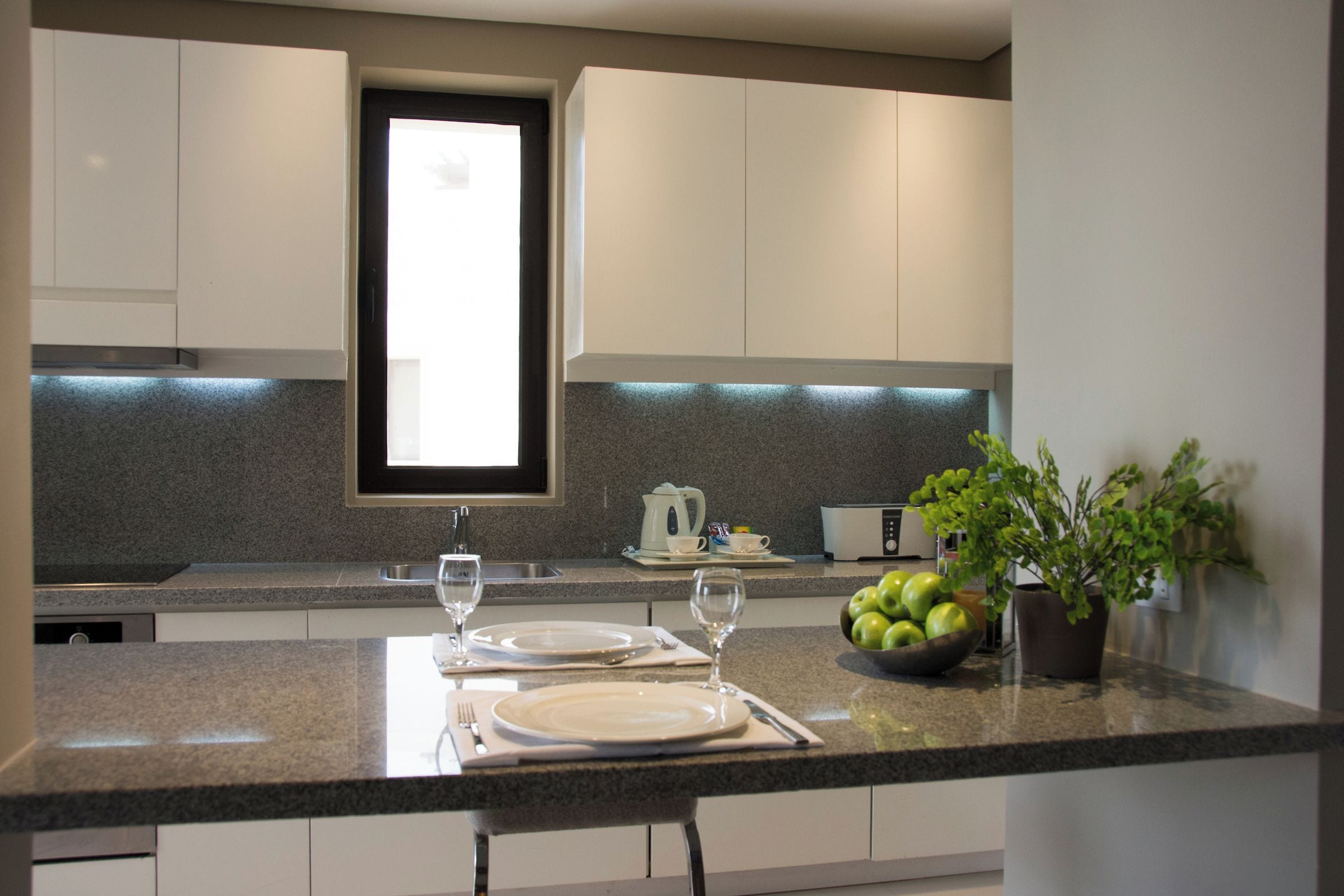 A modern kitchen with white cabinets, a granite countertop, a window, and a potted plant.