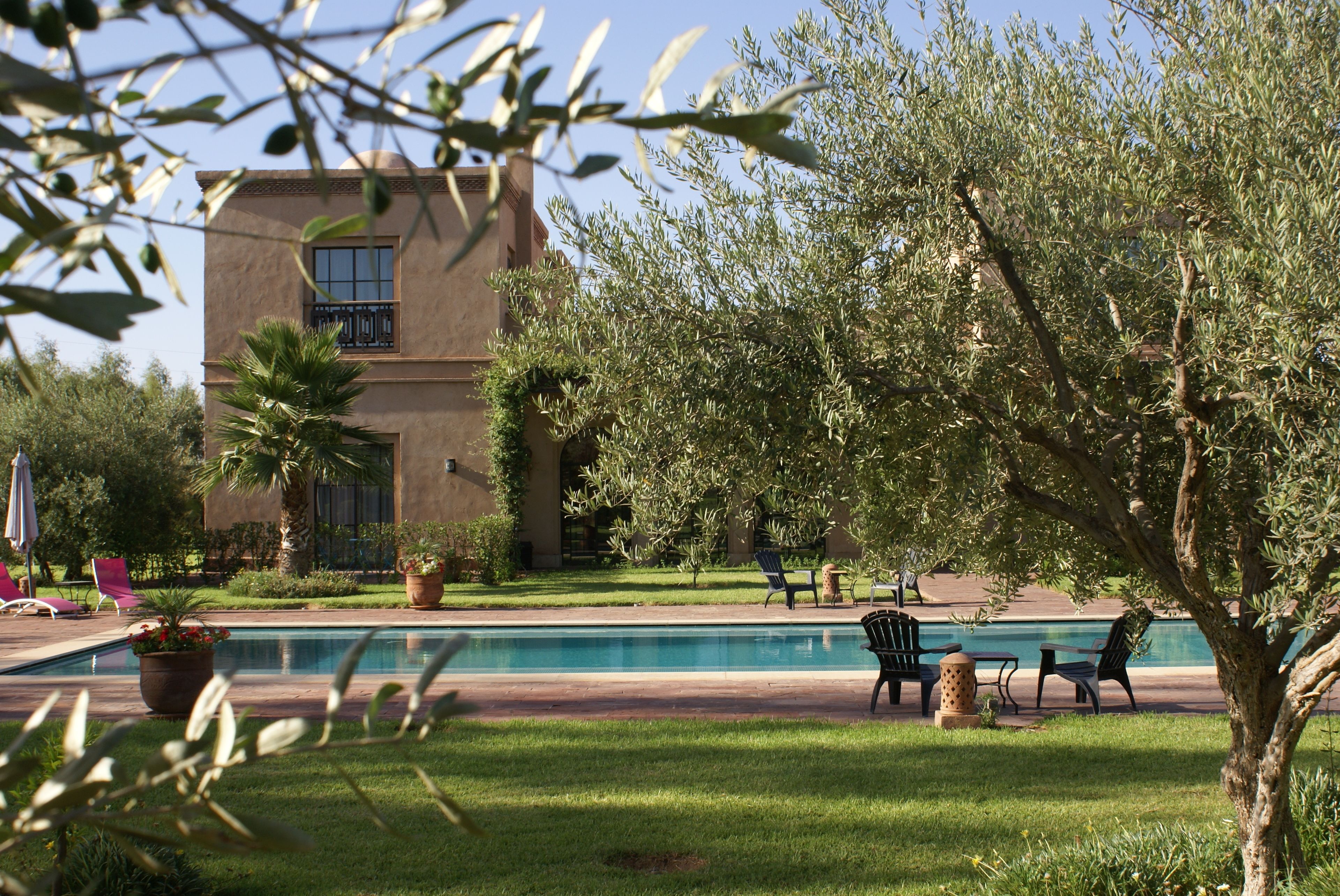 Una piscina al aire libre, sillones reclinables de piscina