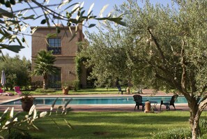 Una piscina al aire libre, tumbonas