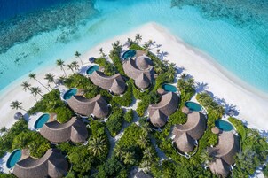 Vista aérea de un resort con estructuras de techo de paja, piscinas y palmeras.