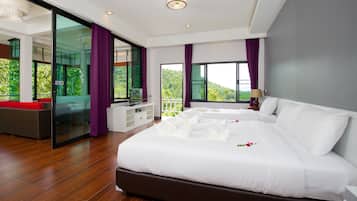 Habitación de lujo, cocineta, vista al mar | Caja de seguridad en la habitación y decoración personalizada