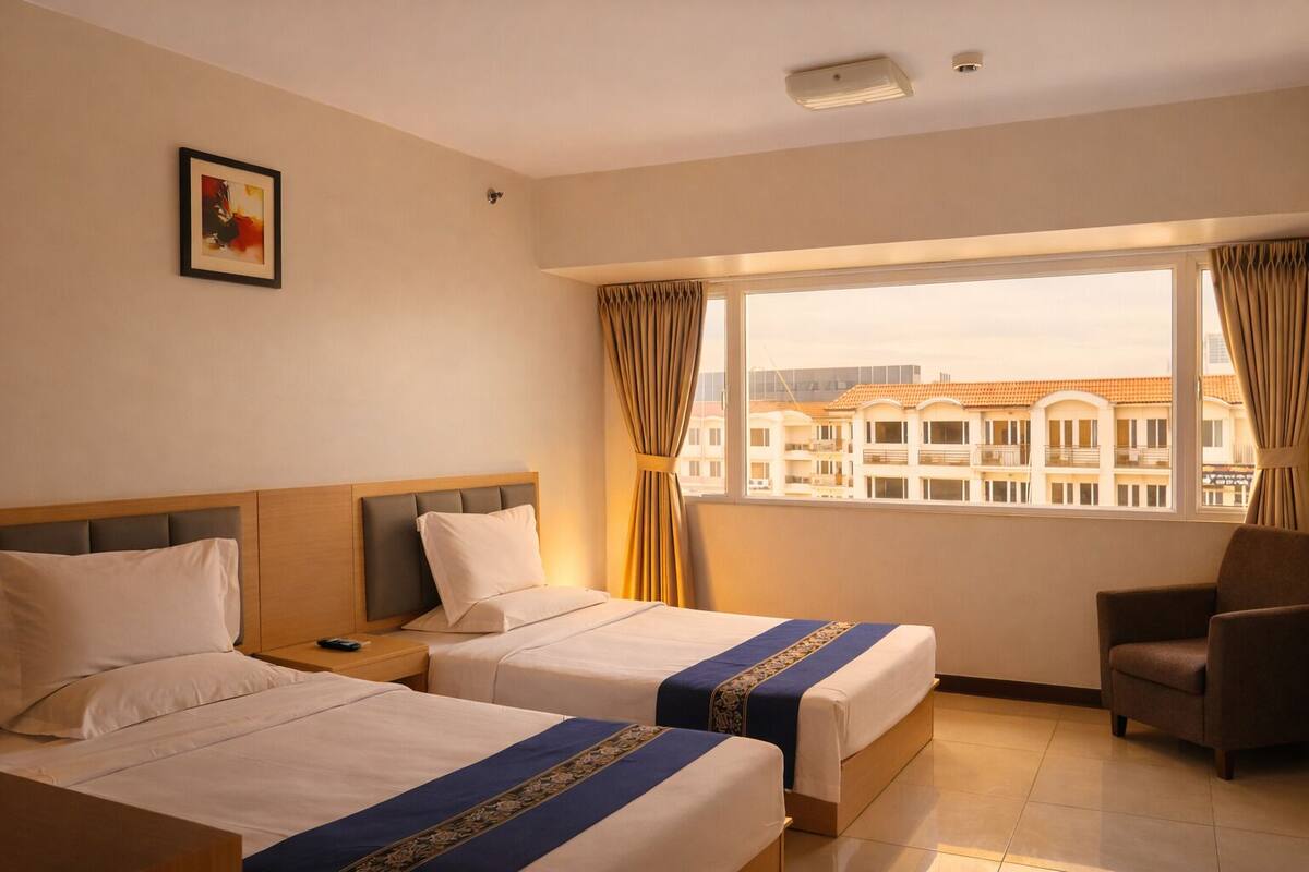A hotel room with two beds, a chair, a nightstand, a picture on the wall, and a window with curtains.