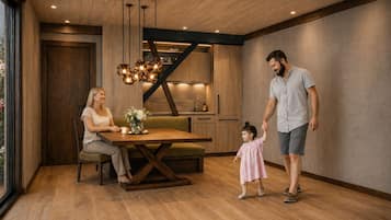 Hoamat Apartment mit 1 Schlafzimmer, Balkon | Cocina privada | Frigorífico grande, microondas, placa de cocina y lavavajillas