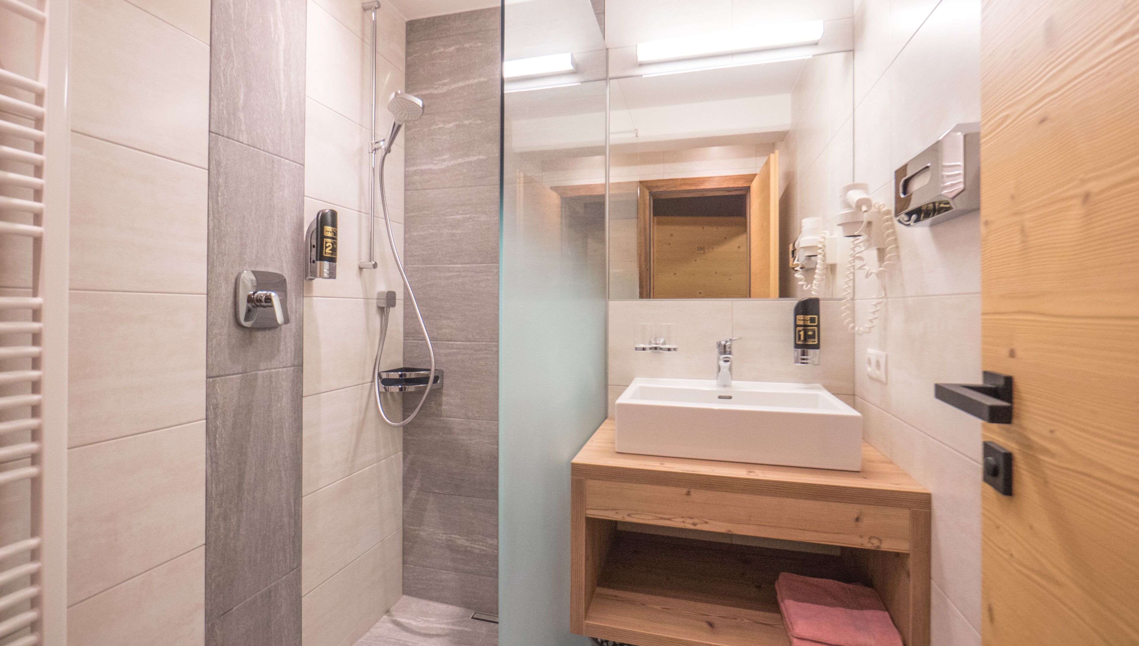 comfort room, balcony (typ c) | bathroom | shower, hair dryer, towels, soap