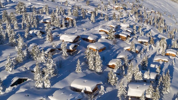Een besneewd berggebied met meerdere houten chalets, omgeven door bomen.