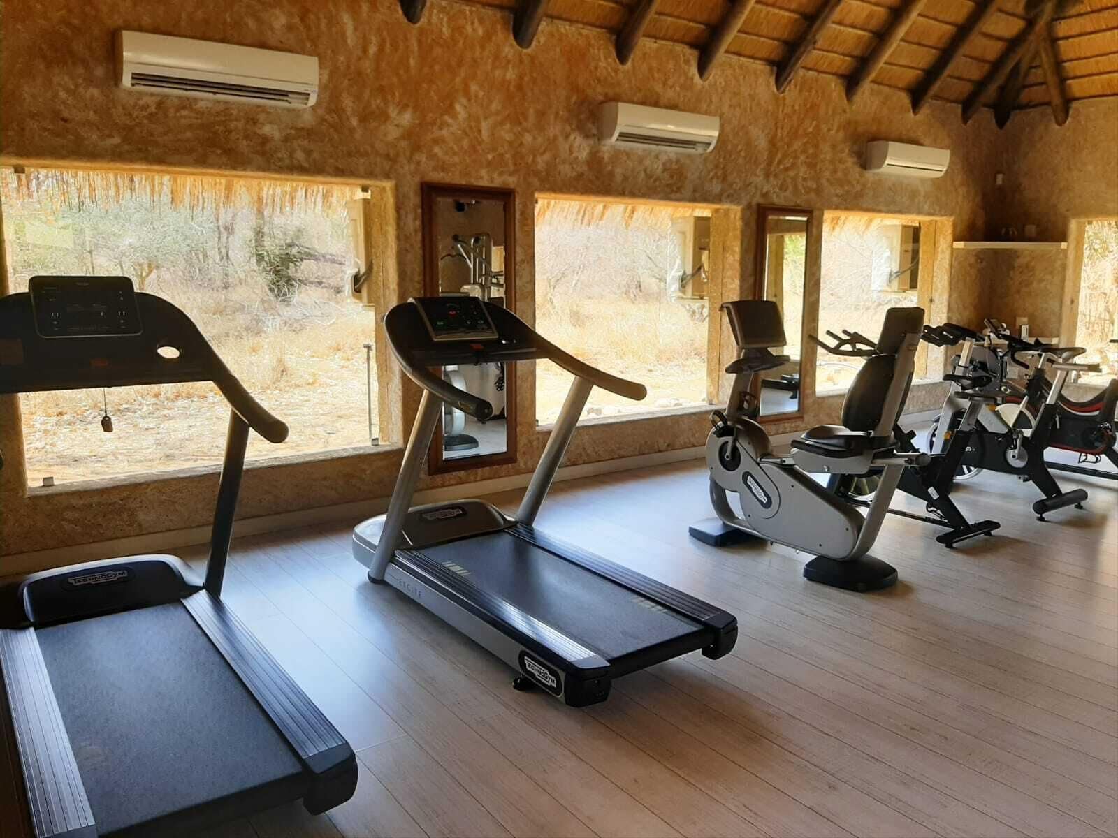 Una palestra con tapis roulant, cyclette e vogatori.