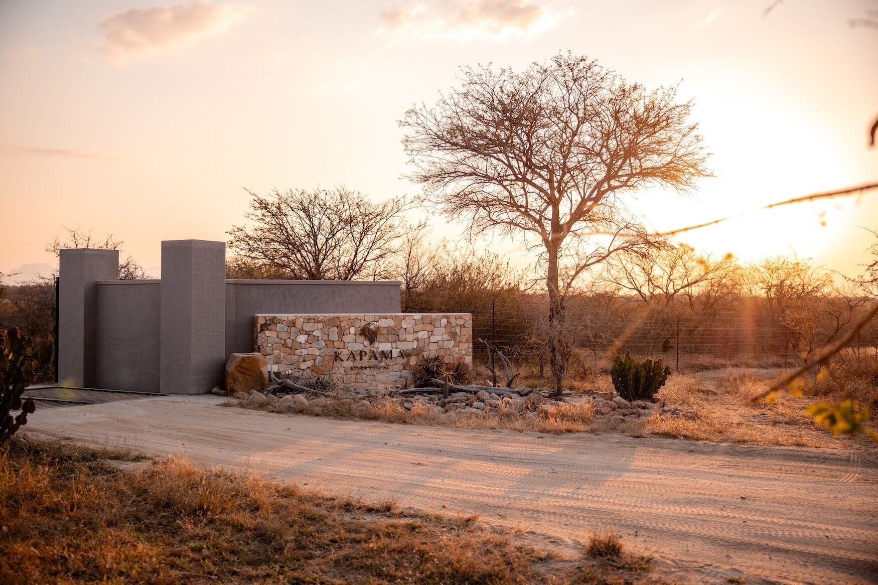 A desert landscape with a stone wall and a tree in the background.