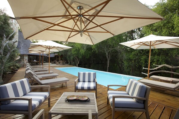 Outdoor pool, pool umbrellas, pool loungers