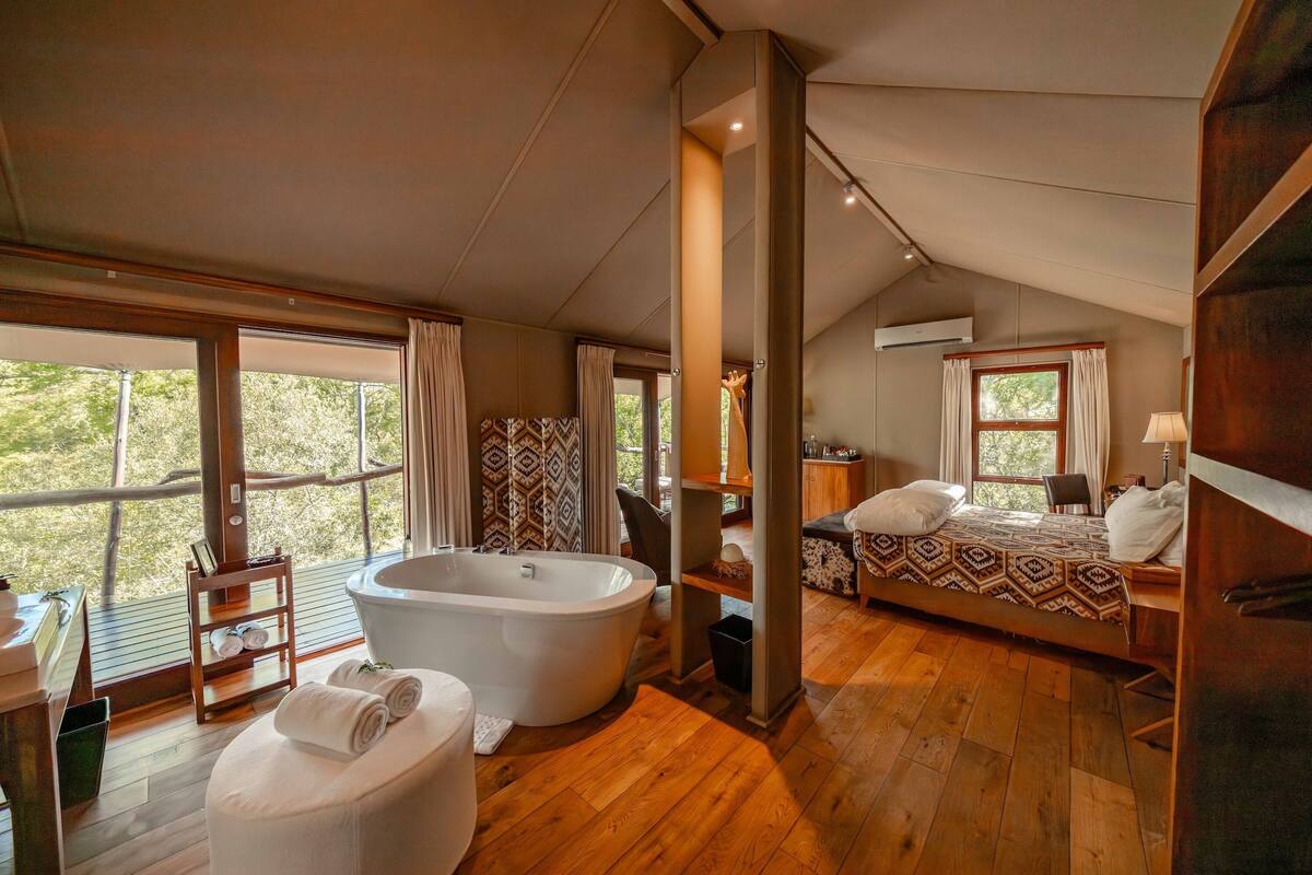 Un dormitorio amplio con un gran ventanal, una bañera y una cama con ropa de cama estampada.