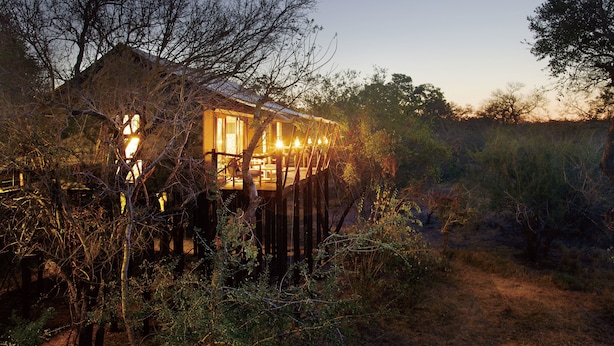 Una cabaña de madera con terraza, rodeada de abundante vegetación.